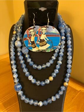 Very long blue white beaded Necklace & cat on a bike dangle earrings 52”